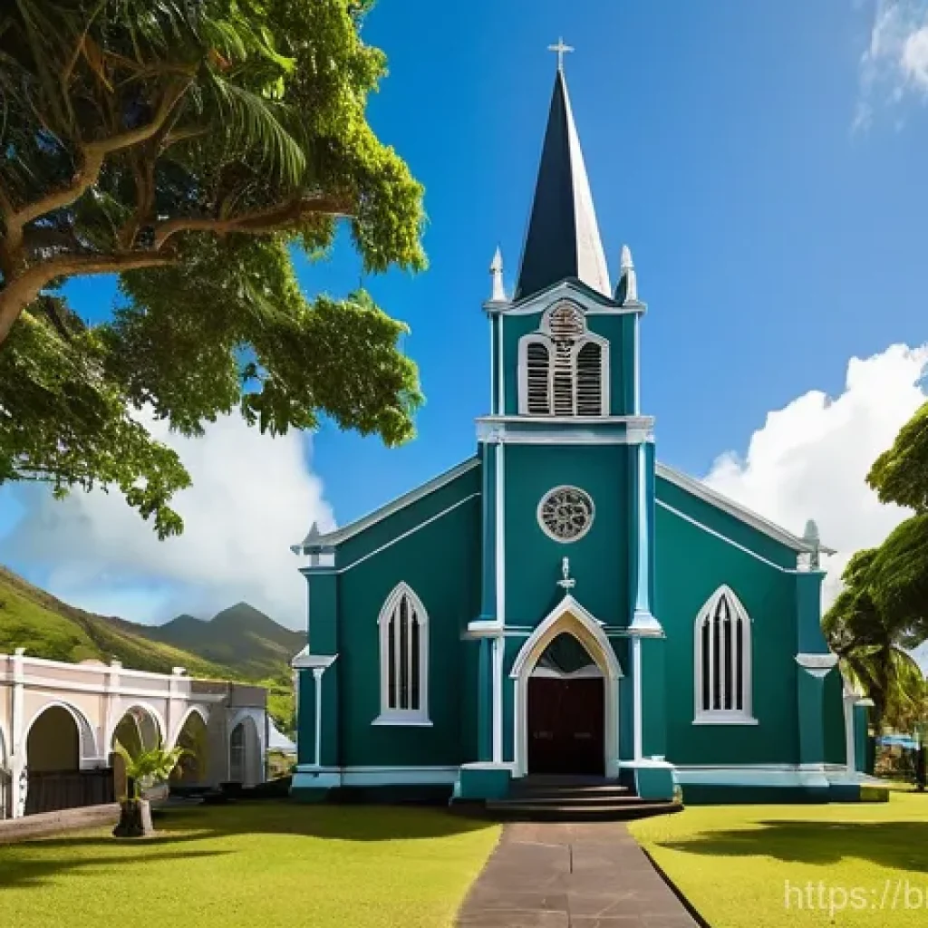 세인트키츠 네비스 성 조지 성공회 - **Victorian Gothic Grandeur and Peaceful Surroundings:**
"A majestic exterior view of St. George...