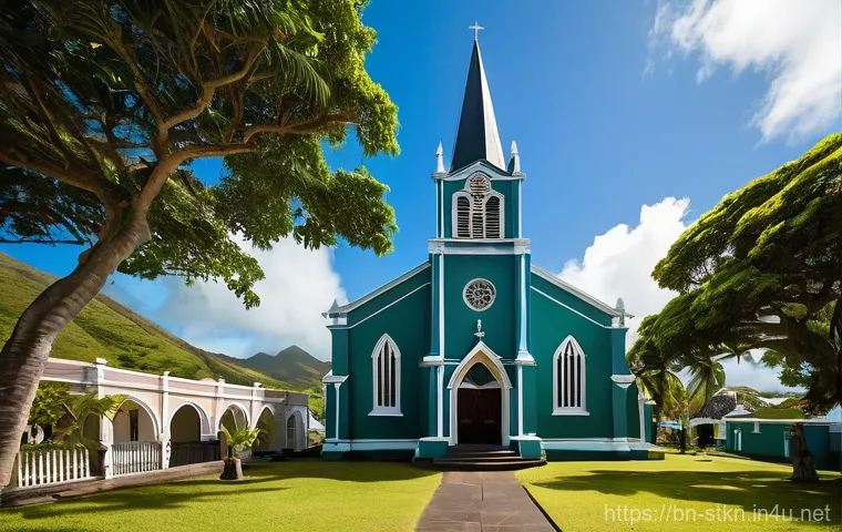 세인트키츠 네비스 성 조지 성공회 - **Victorian Gothic Grandeur and Peaceful Surroundings:**
"A majestic exterior view of St. George...