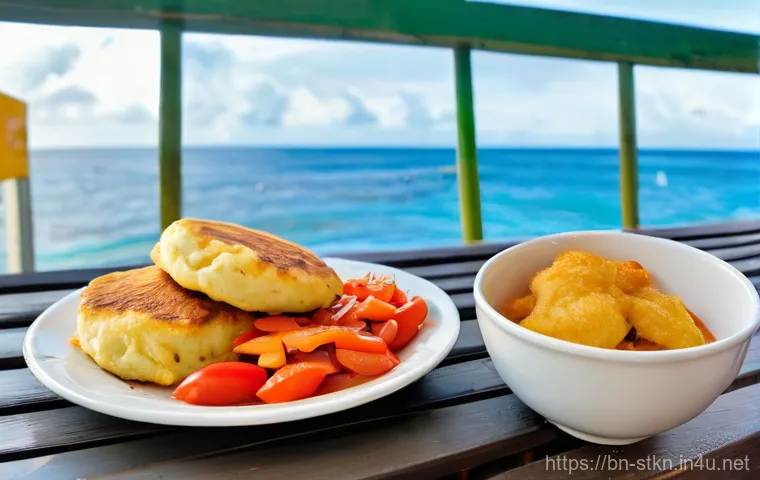 세인트키츠 네비스 전통음식 - **A vibrant spread of fresh Caribbean seafood on a rustic wooden table by the beach at sunset in St.... 세인트키츠 네비스 전통음식 - **A vibrant spread of fresh Caribbean seafood on a rustic wooden table by the beach at sunset in St....
