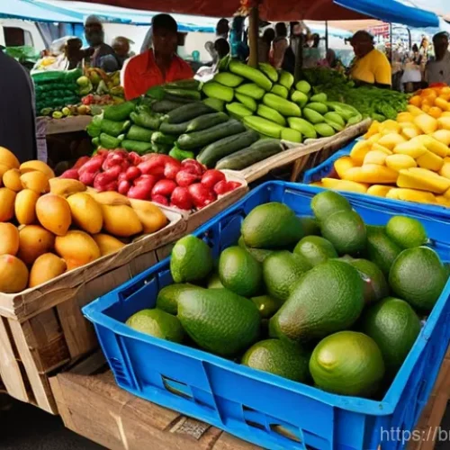 Home 26 세인트키츠 네비스 비건 음식 옵션 - **Prompt:** A vibrant, bustling open-air market in St. Kitts and Nevis, overflowing with an abundant...