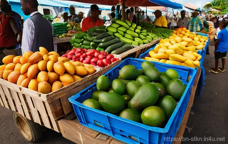 세인트키츠 네비스 비건 음식 옵션 - **Prompt:** A vibrant, bustling open-air market in St. Kitts and Nevis, overflowing with an abundant...